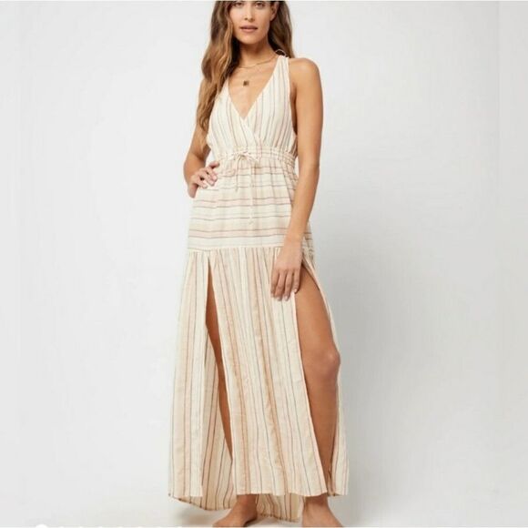 L Space Emma Maxi Dress Coverup Plunging Neckline in Cream Stripe Women's Medium - Picture 4 of 11